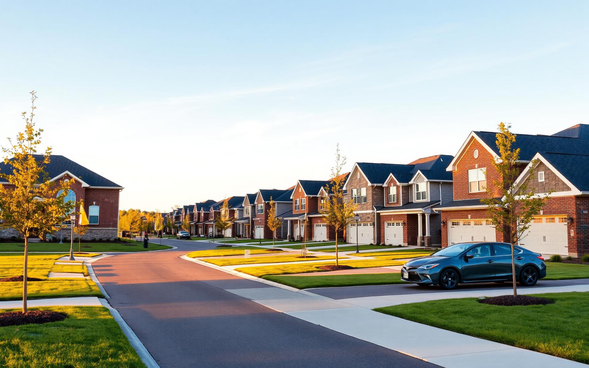 New suburban neighborhood at golden hour