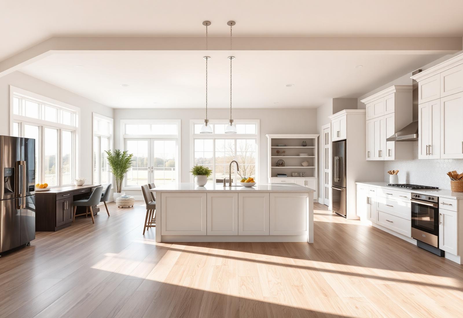 Bright open concept new construction kitchen and living area